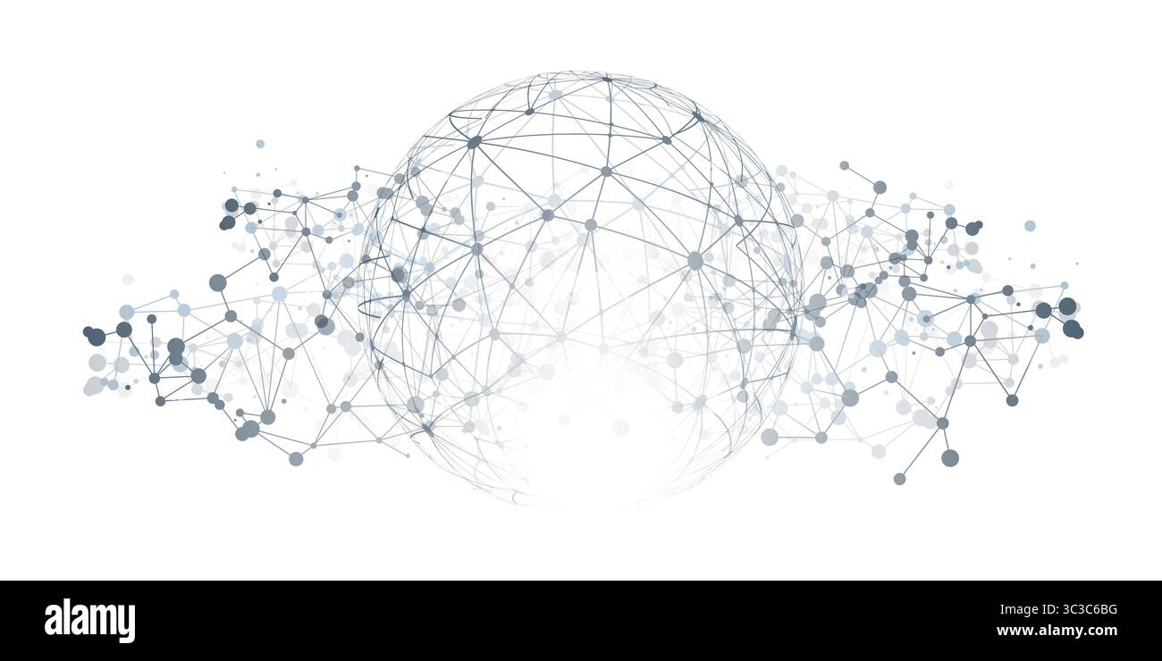 A stylized vector globe with interconnected nodes and lines symbolizing global digital connections, data networks, or communication technology. Abstra Stock Vector