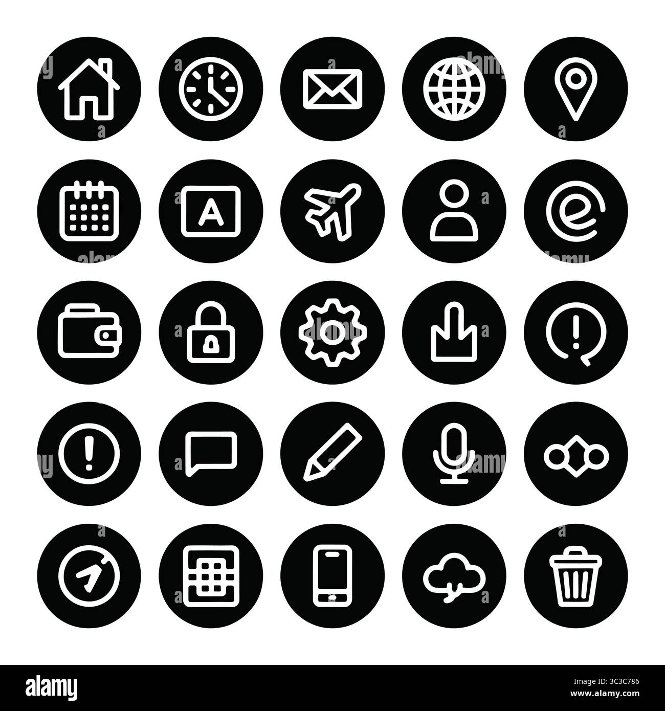 A versatile graphic illustration featuring a collection of minimalist icons on a black background. Stock Vector