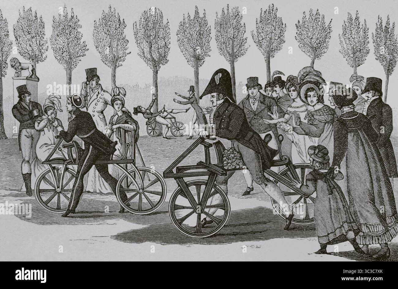 Paris, France. A velocipede race at Jardin du Luxembourg in 1818. Engraving by P. Comte. 'Directoire, Consulat et Empire. Moeurs et usages, lettres, sciences et arts. France, 1795-1815” (Directory, Consulate and the Empire of France. Customs and traditions, letters, sciences and arts. France, 1795-1815), by Paul Lacroix. Published in Paris, 1884. Stock Photo