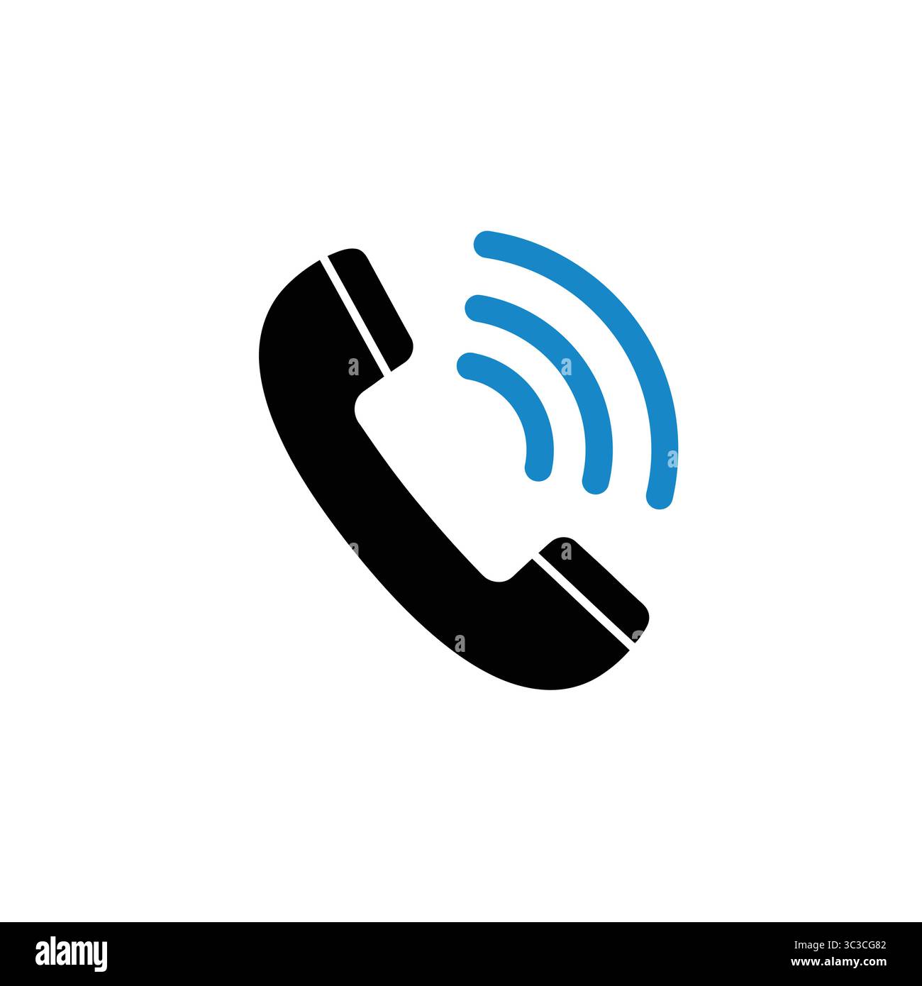 A modern graphic illustration of a telephone handset with sound waves emanating from it, designed in a sleek black and blue color scheme. Stock Vector