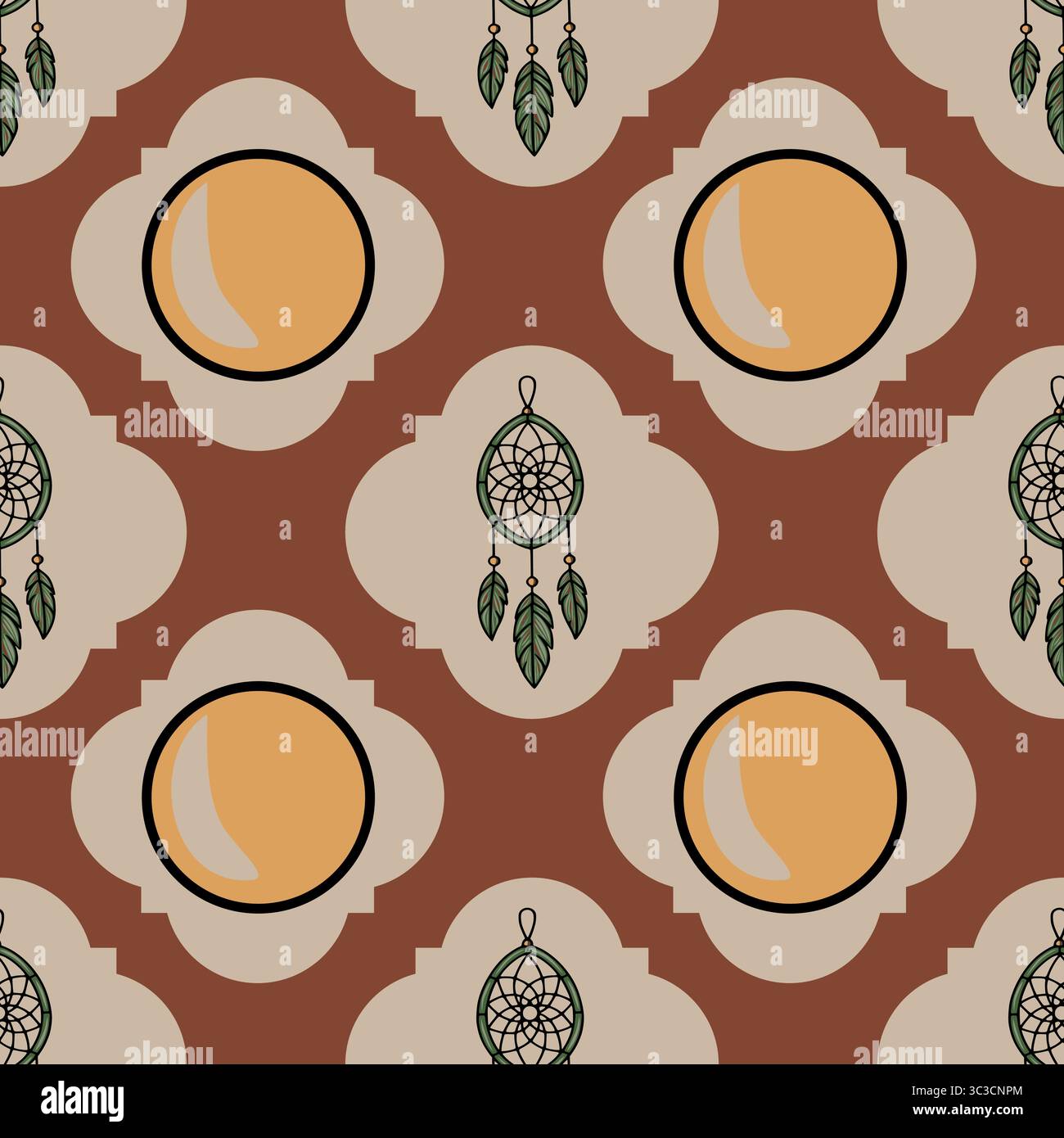 Seamless vector pattern featuring dreamcatchers and stylized moons in a terracotta and beige palette, exhibiting a boho-chic aesthetic. Stock Vector