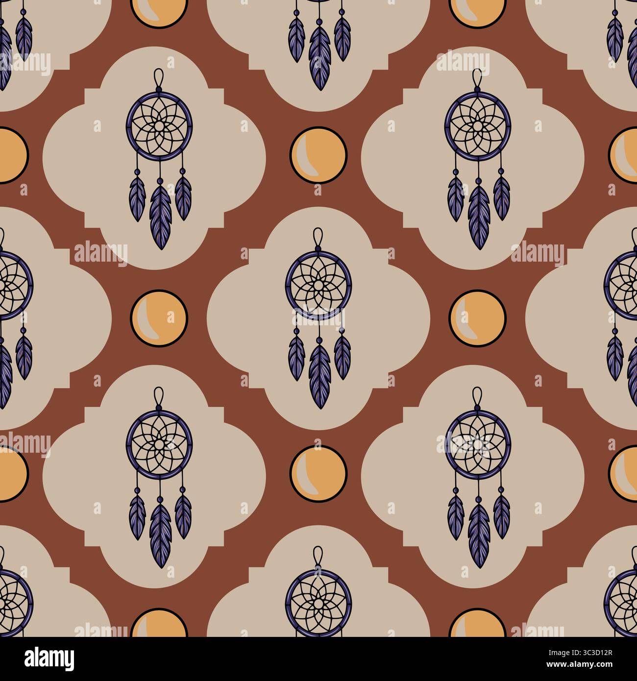 Seamless vector pattern featuring dreamcatchers with purple feathers and stylized moons on a terracotta and beige background, perfect for textile desi Stock Vector