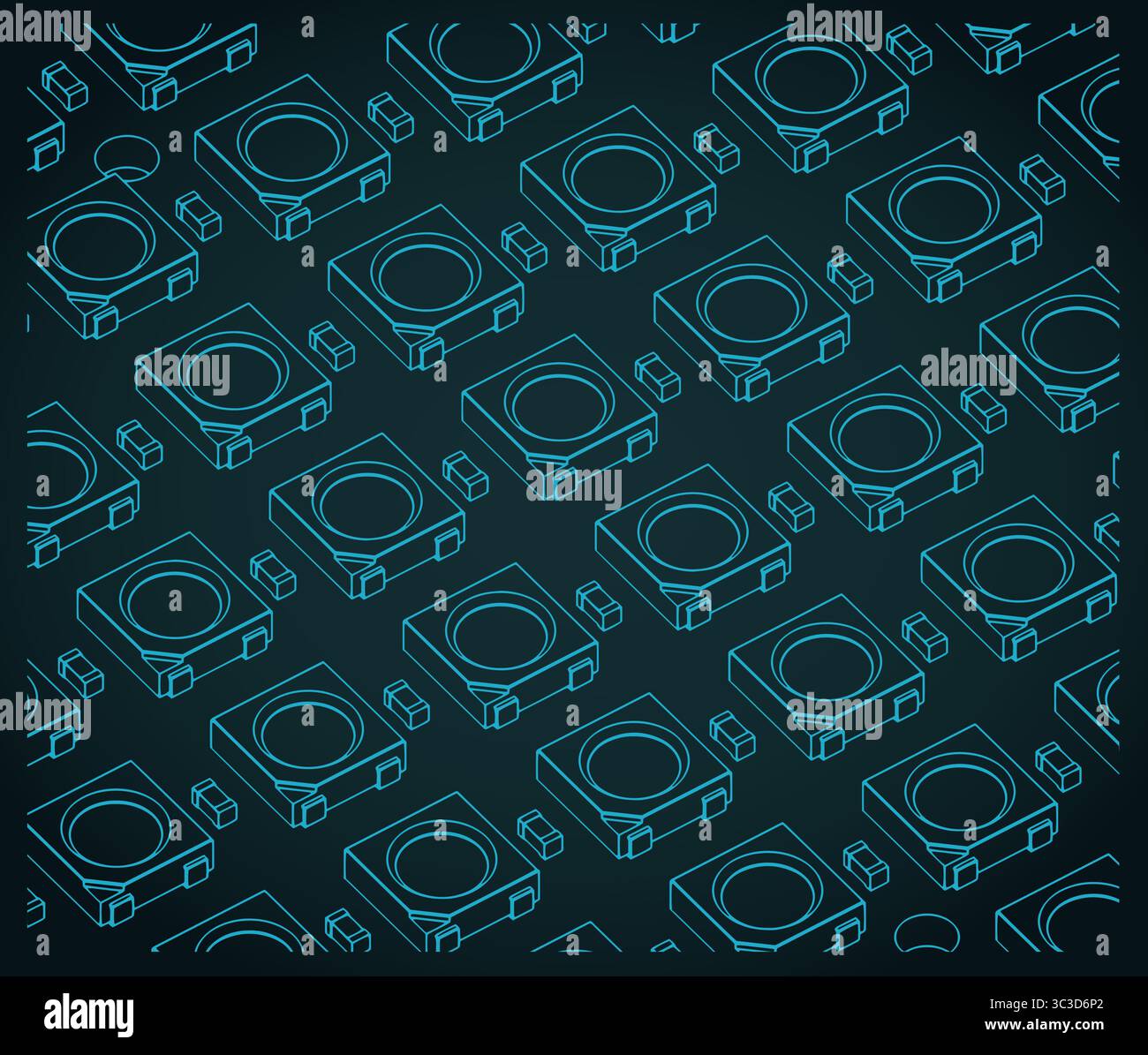 LED matrix RGB LED chips on a rigid PCB close up isometric blueprint ...