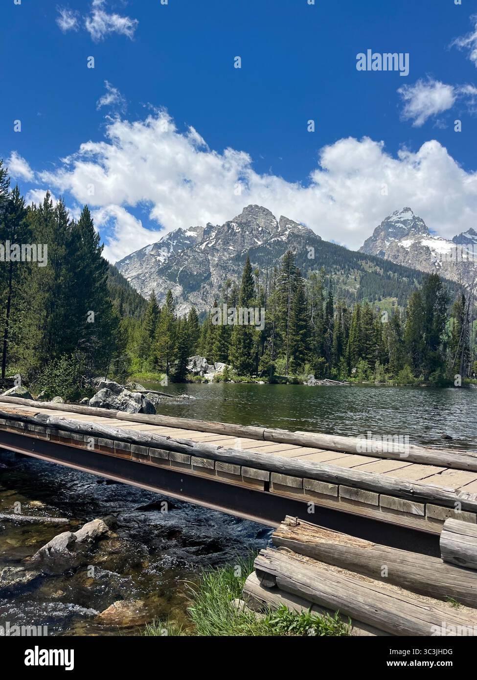 Bridge with mountain backdrop in Grand Teton National Park - Smartphone Captured Stock Image