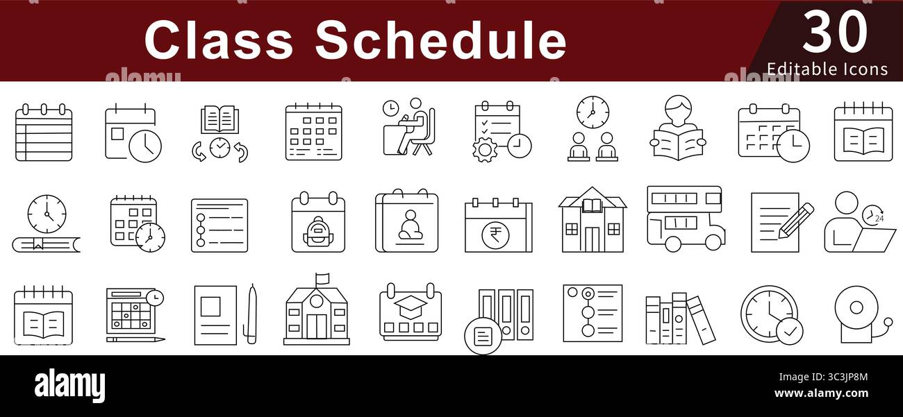 Class Schedule Editable Line Icons Set for Education, Timetable, School, and Academic Planning Stock Vector