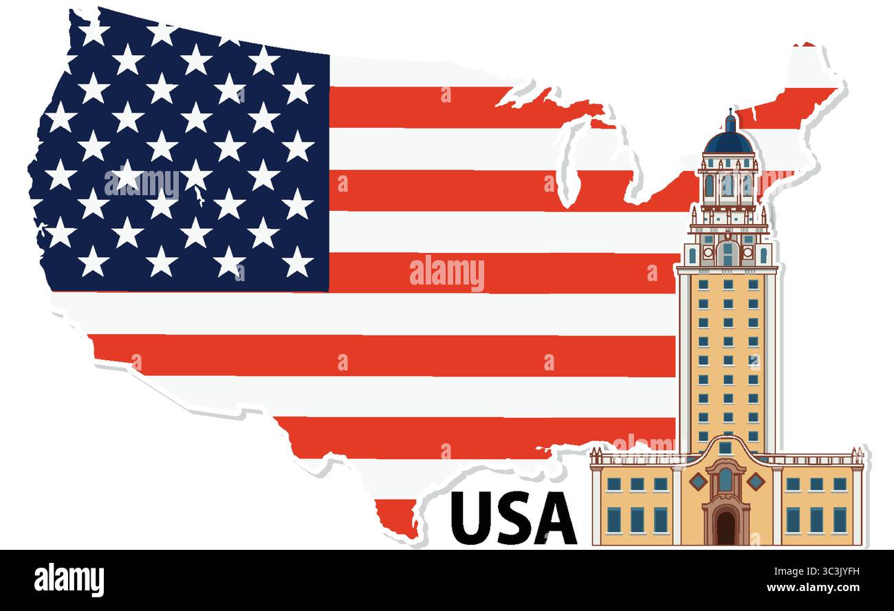 Vector illustration of USA map with flag overlay and a prominent ...