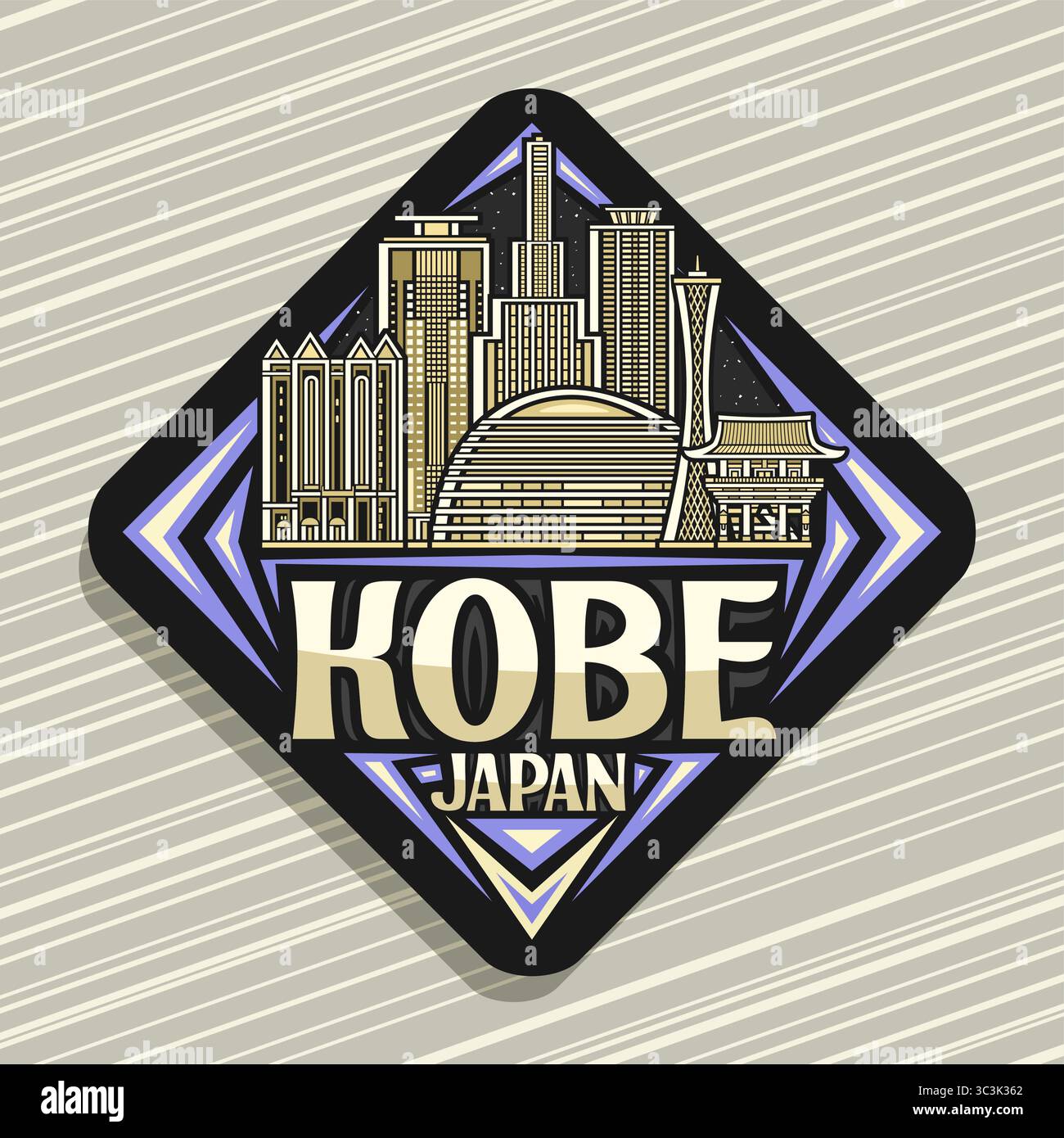 Vector logo for Kobe, dark decorative rhombus road sign with outline illustration of detailed evening kobe city scape, art design refrigerator magnet Stock Vector
