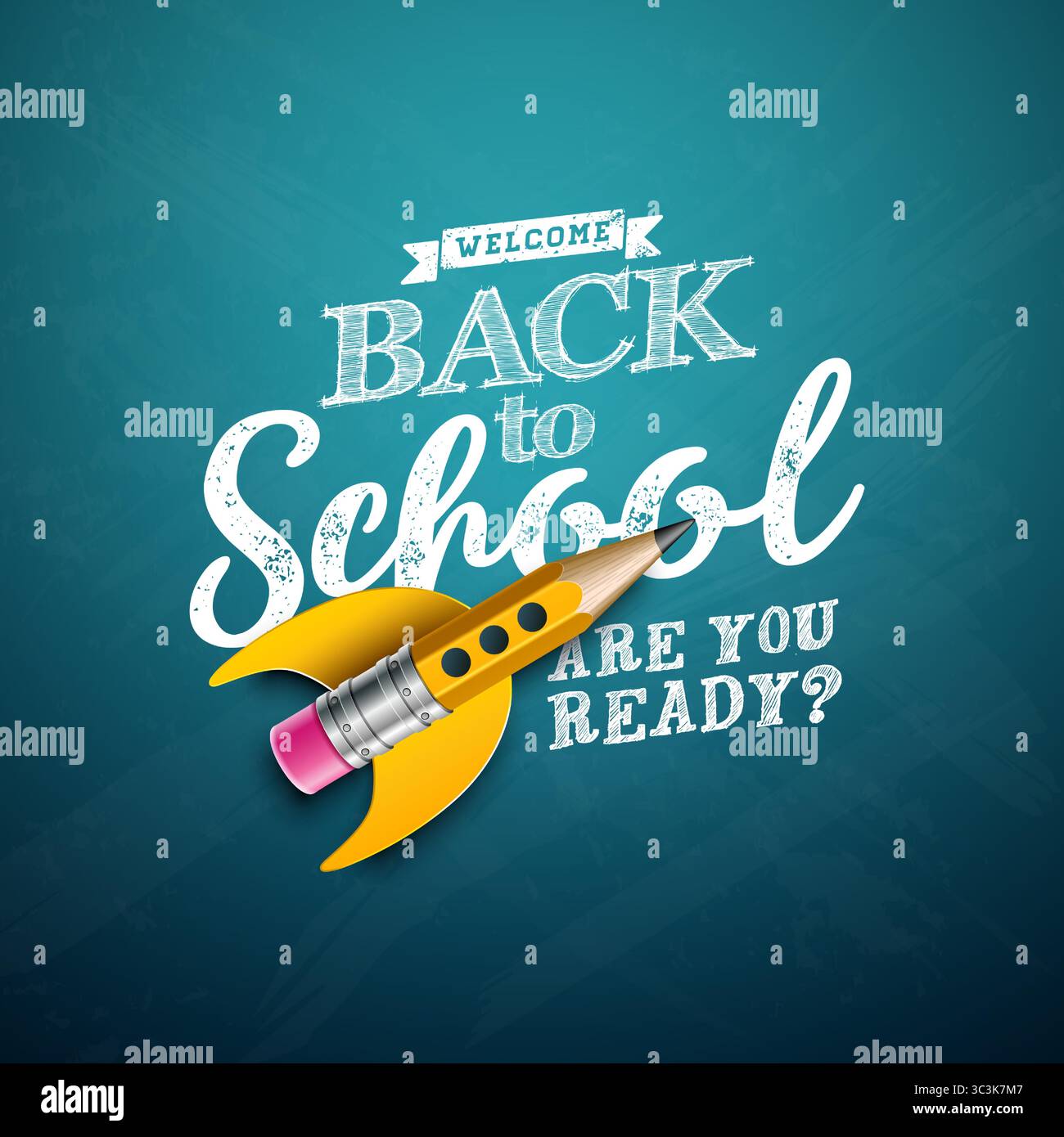 Welcome Back to School Design with Flying Rocket Pencil and Typography ...