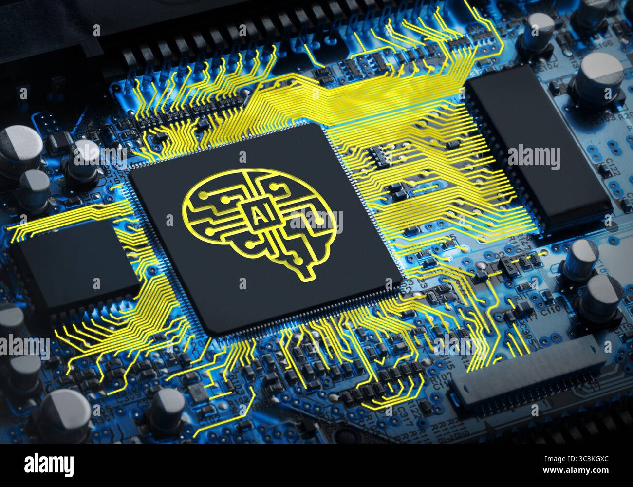 Electronic circuit board with AI processor, close up Stock Photo