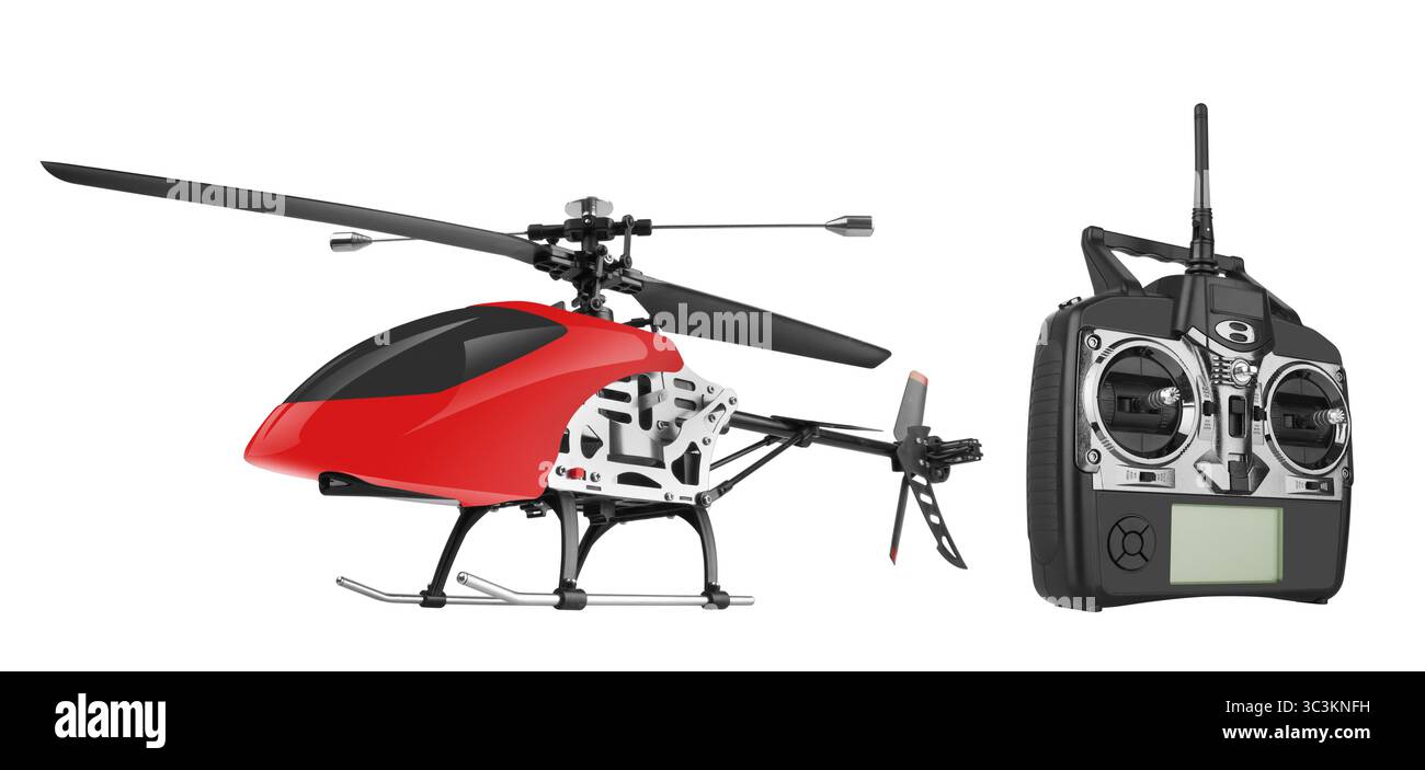 Remote controlled helicopter with controlling handset, isolated on white background Stock Photo