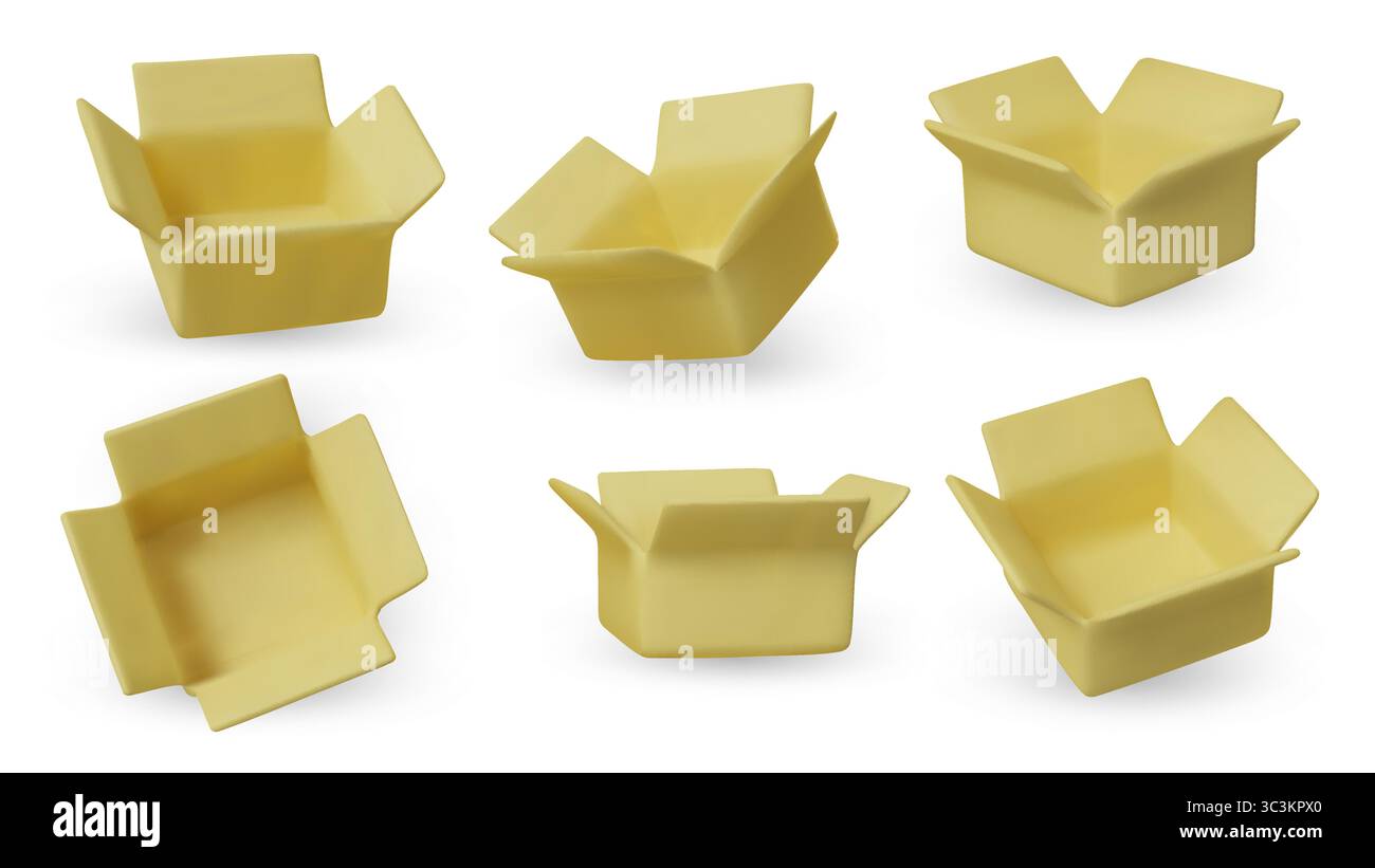 Set of 3D yellow open cardboard boxes in various angles. Realistic ...