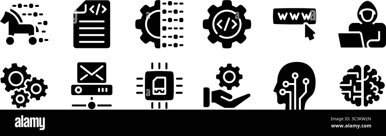 Cybersecurity and tech development icon set. Silhouette style Stock ...