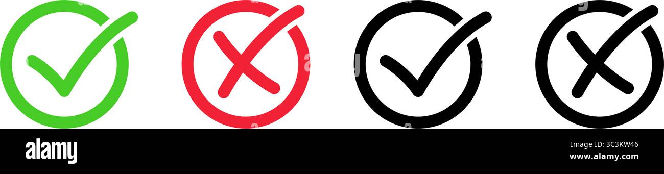 Check mark icon button set. Reject cross symbol. Stock Vector