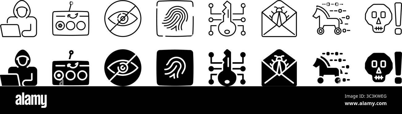 Cyber security and hacking icon. Including hacker set. Linear and silhouette style. Stock Vector