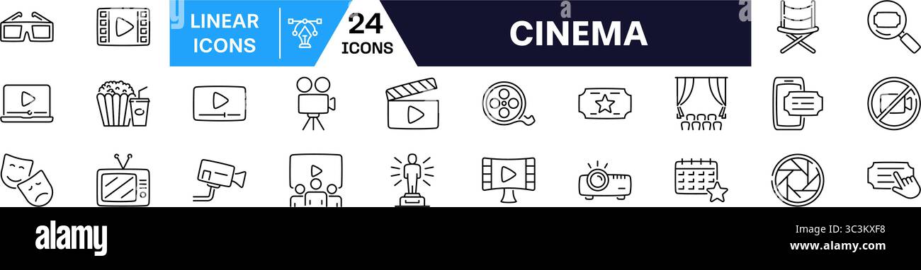Cinema icon set. Linear style. Stock Vector
