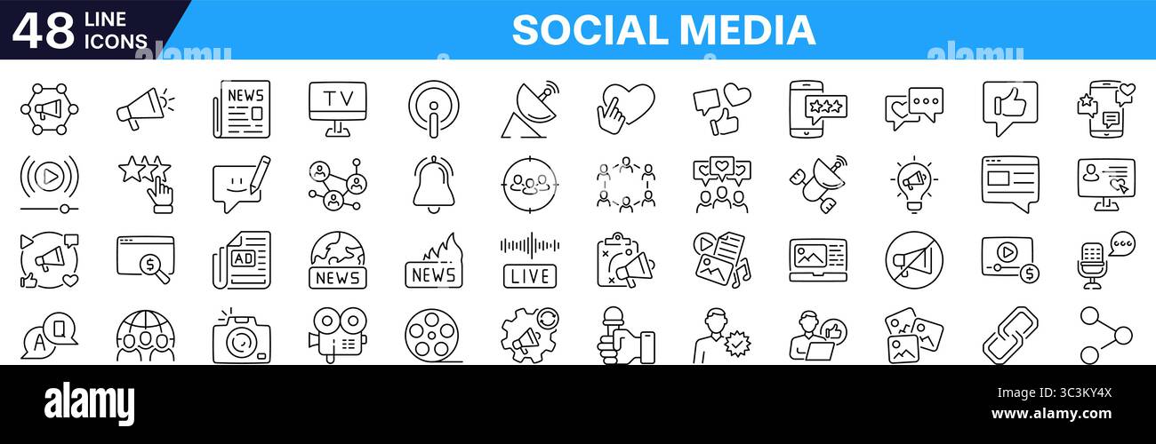 Social media and communication icon set. Editable stroke. Linear style. Stock Vector