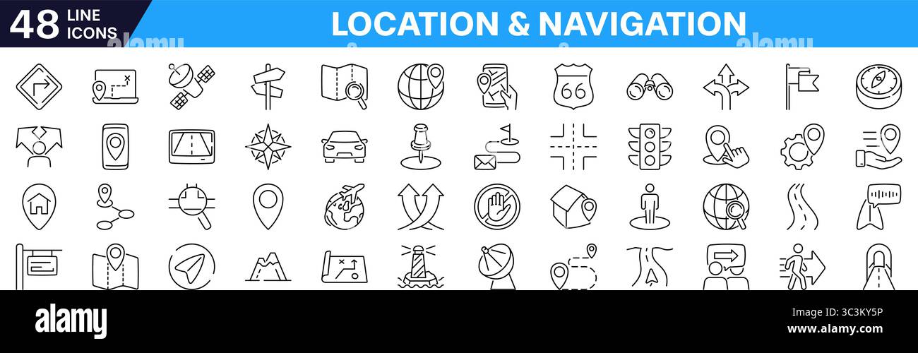 Location and navigation icon set. Linear style. Stock Vector