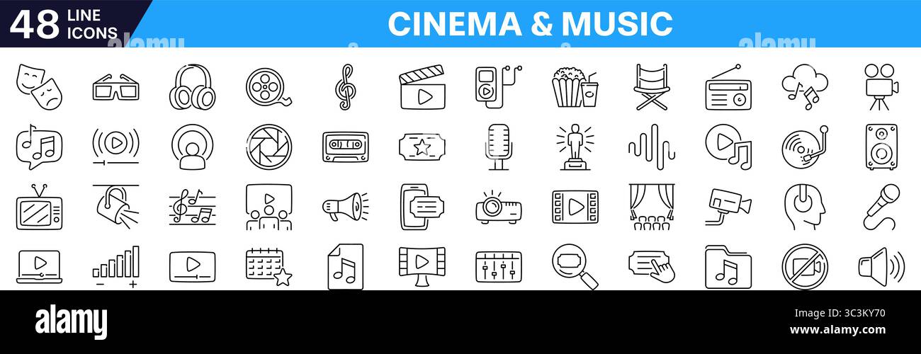 Cinema and music icon set. Linear style. Stock Vector