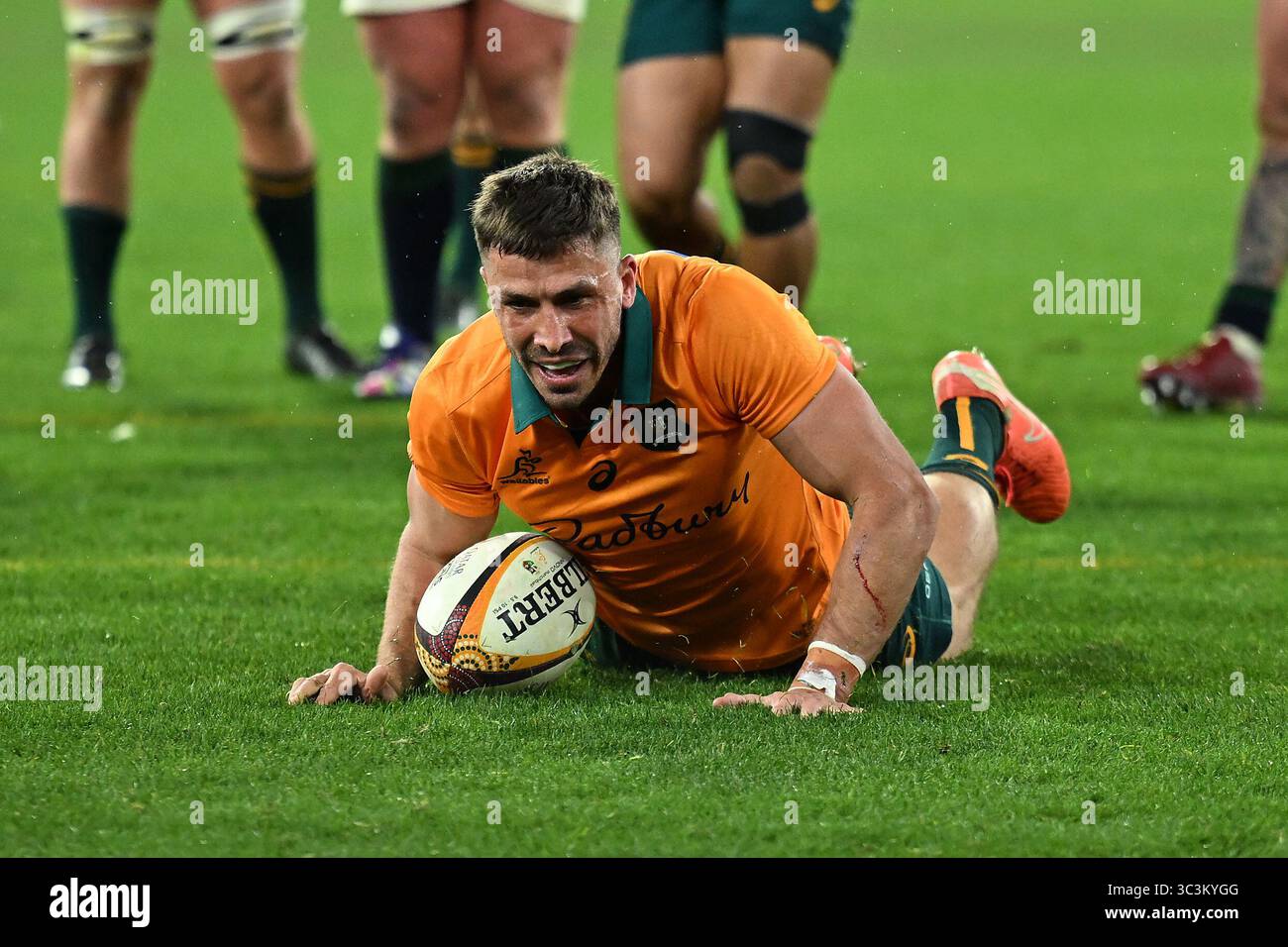 Jake Gordon of Australia scores a try during the Second Test match ...