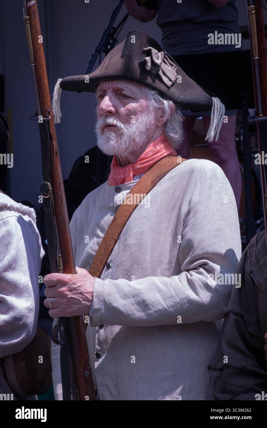 Jonathan Svibruck, the quartermaster of the 5th New York Regiment, a group  of men who perform historic reenactments. At Bastille Dayin Piermont, NY. Stock Photo