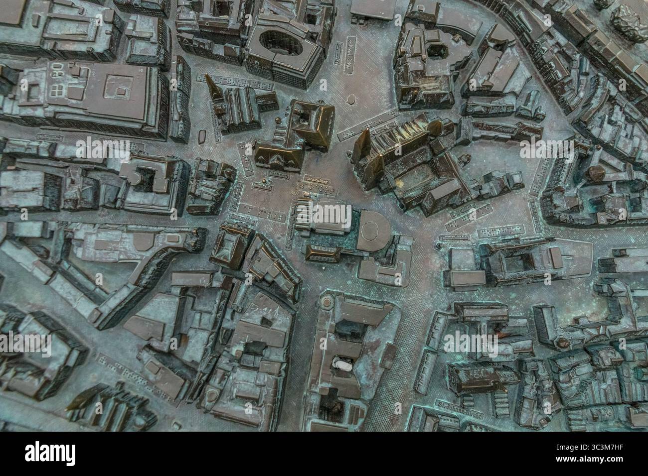 Nice aerial perspective of a bronze model of Bremen's Market Square, focusing on famous landmarks like the Bremen City Hall, the Church of Our Lady... Stock Photo