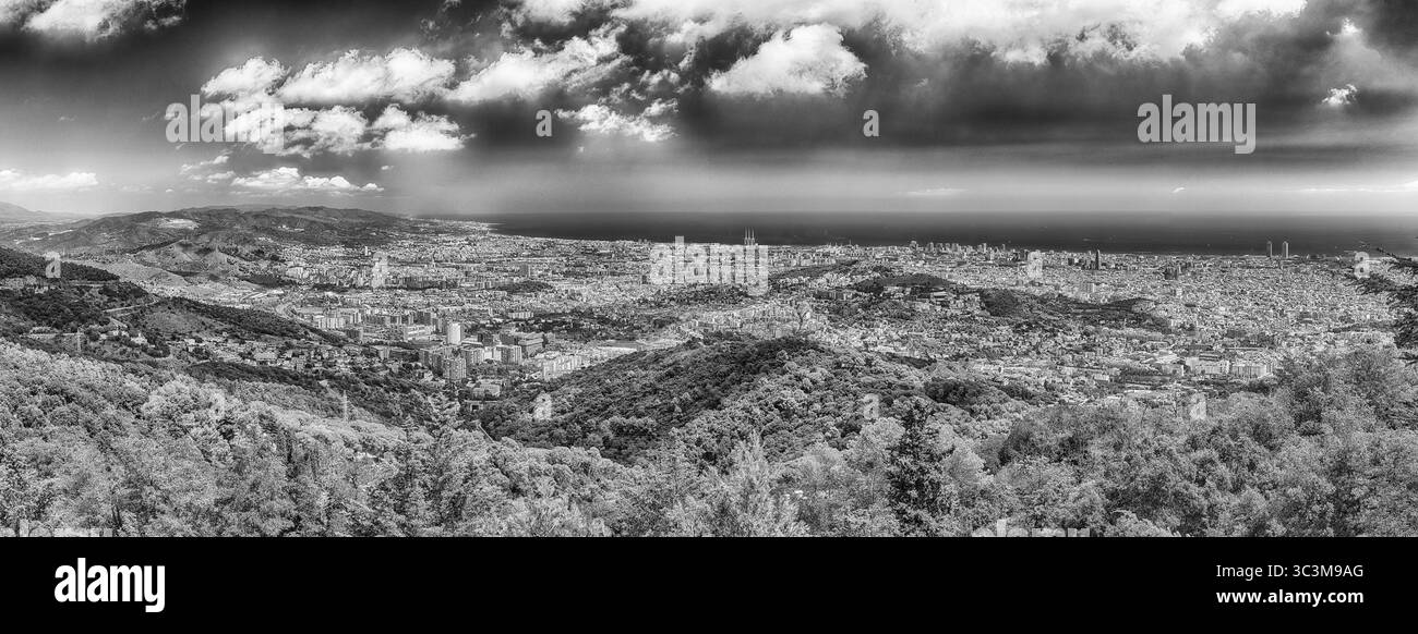 Panoramic aerial view from Tibidabo mountain over the city of Barcelona, Catalonia, Spain Stock Photo