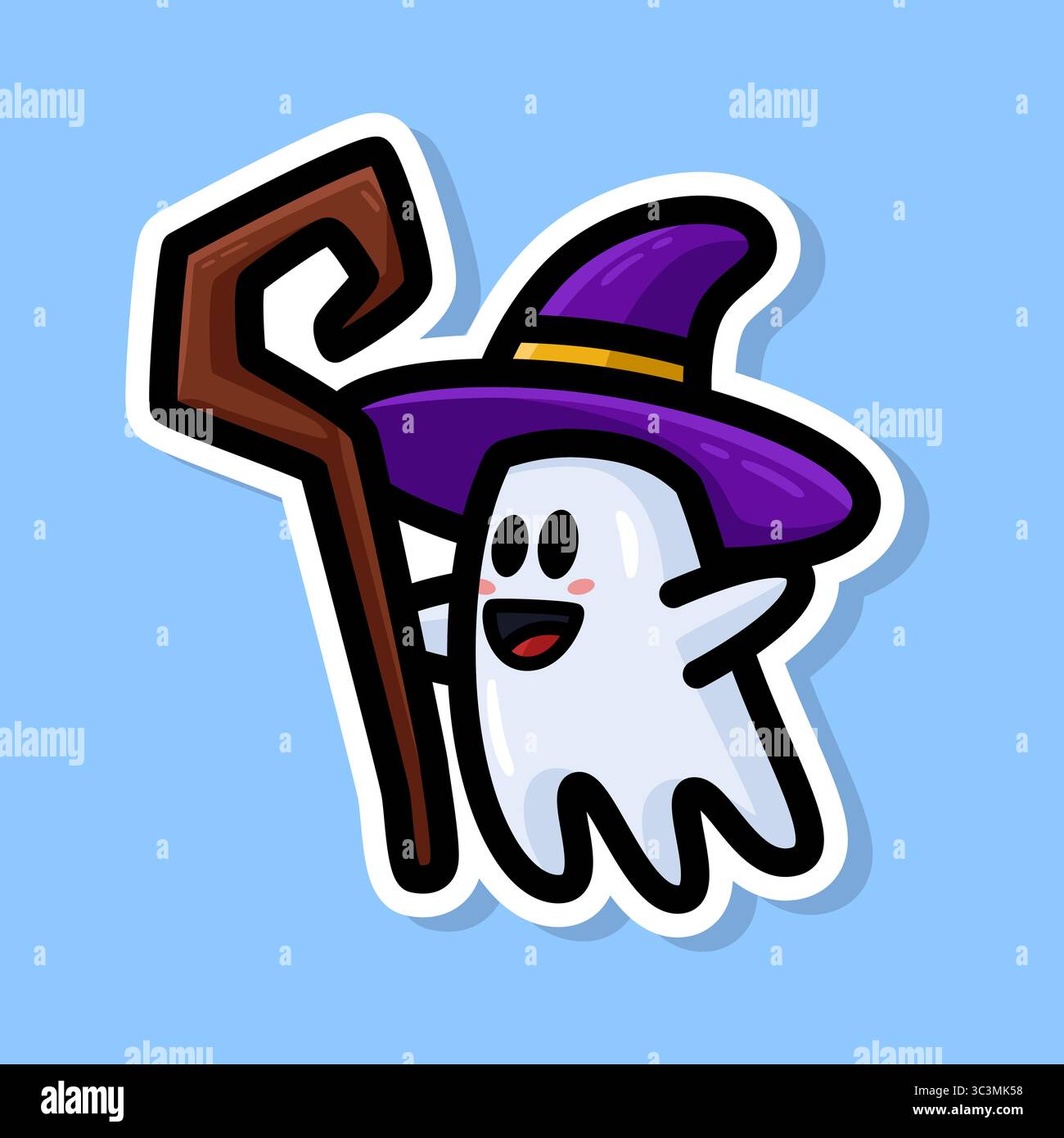 Sticker design of cute ghost wearing a purple witch hat and holding a ...