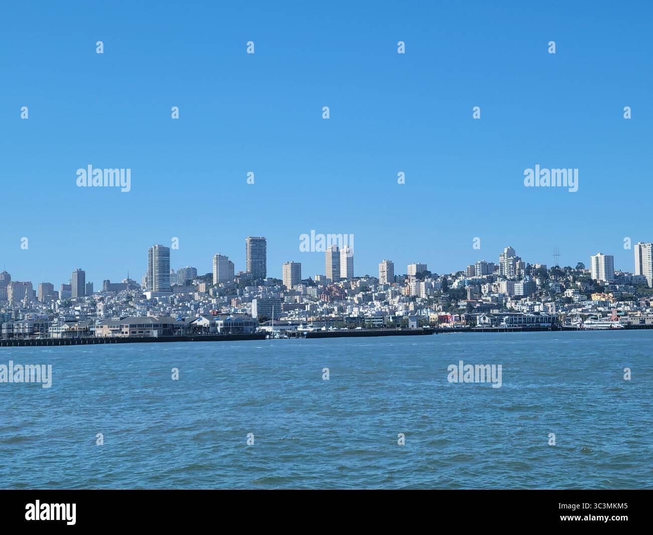 A view of the city of San Francisco, and San Francisco Bay from Alcatraz Island. Clear Blue sky and calm waters of the Pacific. - Smartphone Captured Stock Image