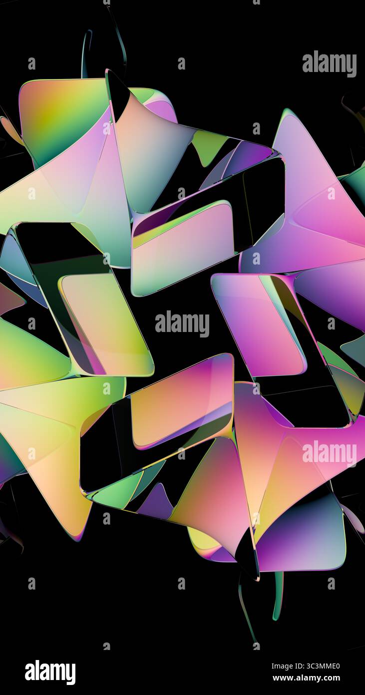 Vibrant digital artwork featuring colorful, overlapping geometric shapes against a dark background. Ideal as an abstract wallpaper or modern art piece Stock Photo
