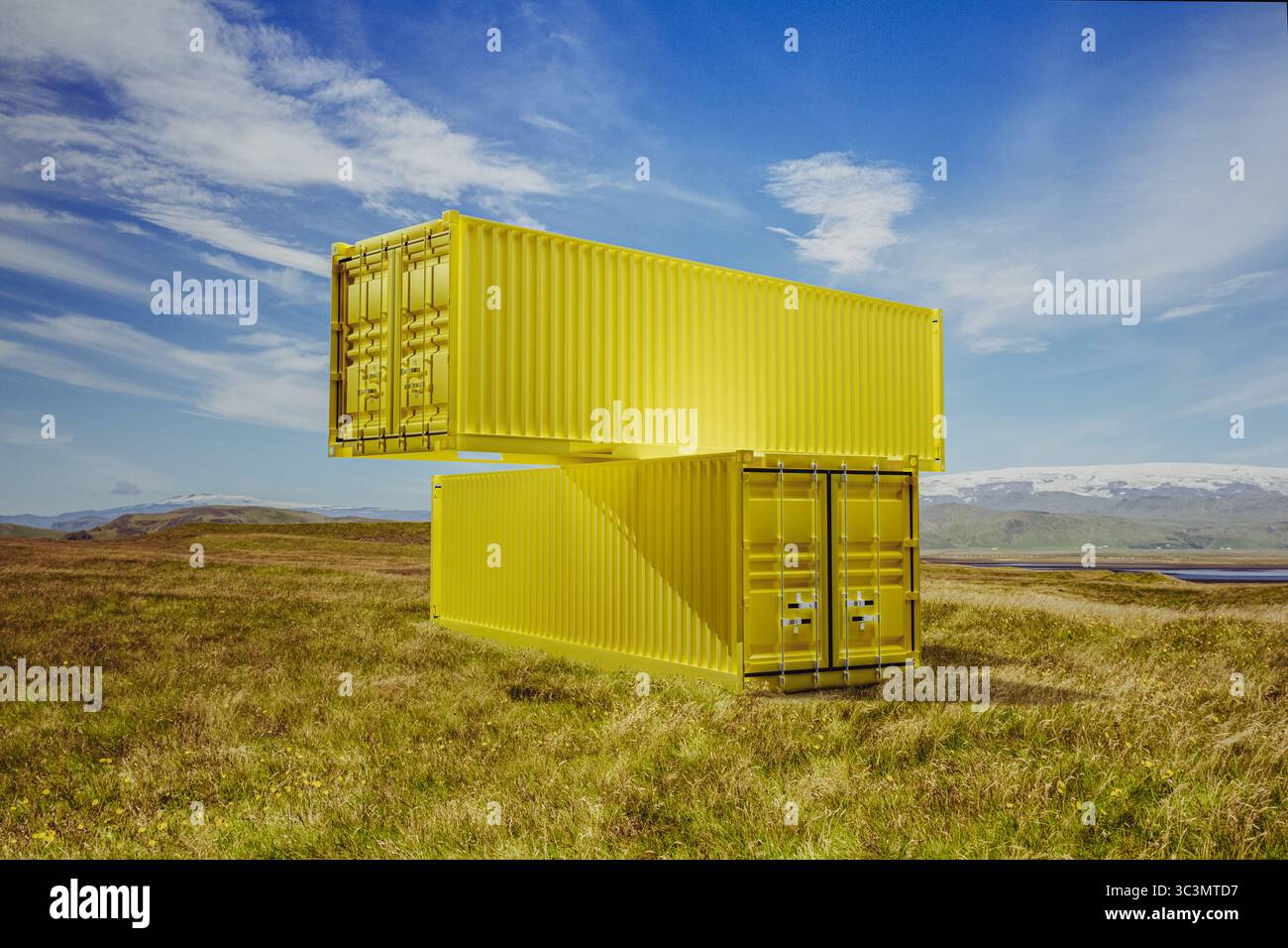 Two yellow industrial containers stand isolated in a grassy area ...