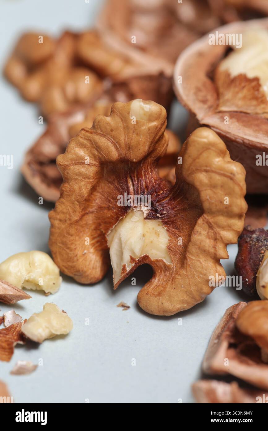 Whole and cracked walnuts and nutcracker Stock Photo