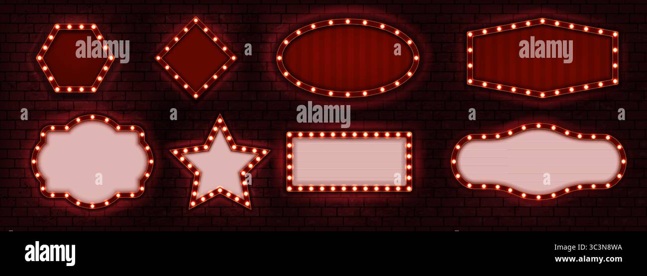 Circus sign. Light Broadway signboard at brick wall. Carnival marquee blank billboards. Red casino stage or cinema neon bulb. Theater signage boards. Night club glow. Vector illuminated borders set Stock Vector