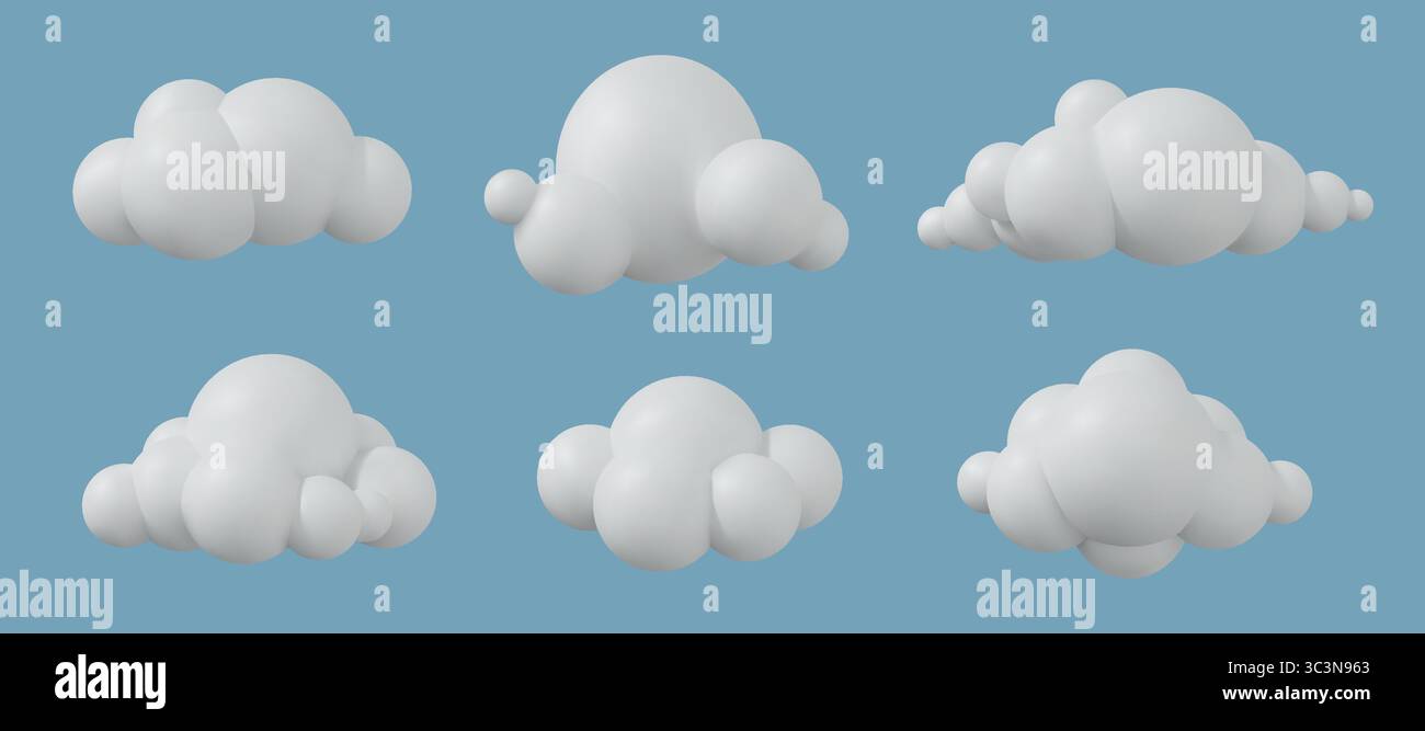 3d cloud. Sky cartoon icon, white cotton balloon on blue cute shape. Soft circle air bubble, nature smoke. Render isolated glossy icons, weather symbols, meteorology element set. Vector background Stock Vector