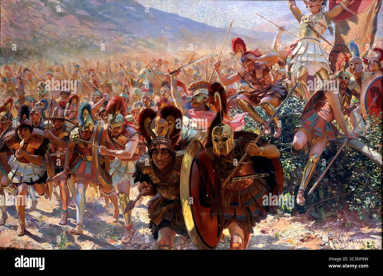 Battle of Marathon. Painting of Greek troops rushing forward at the Battle of Marathon by Georges Rochegrosse, 1859. The Battle of Marathon took place in 490 BC during the first Persian invasion of Greece. It was fought between the citizens of Athens, aided by Plataea, and a Persian force commanded by Datis and Artaphernes. The battle was the culmination of the first attempt by Persia under King Darius I to subjugate Greece (Wikipedia) Stock Photo