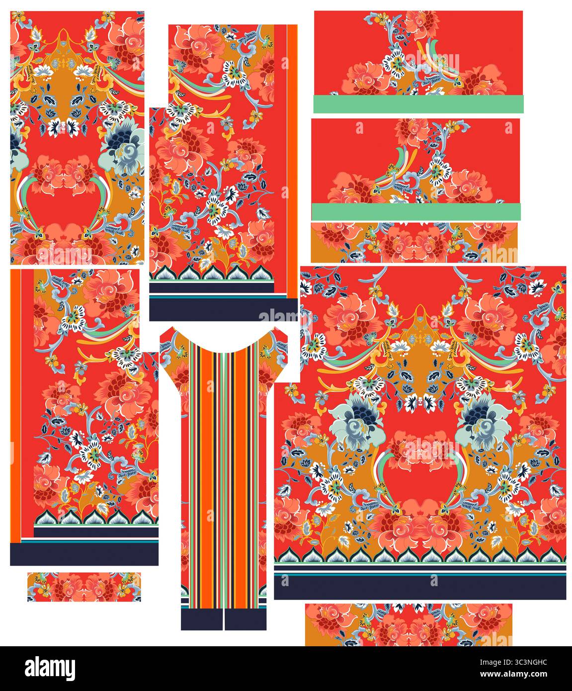 Seamless floral pattern features vintage flowers and leaves on a red background Stock Photo