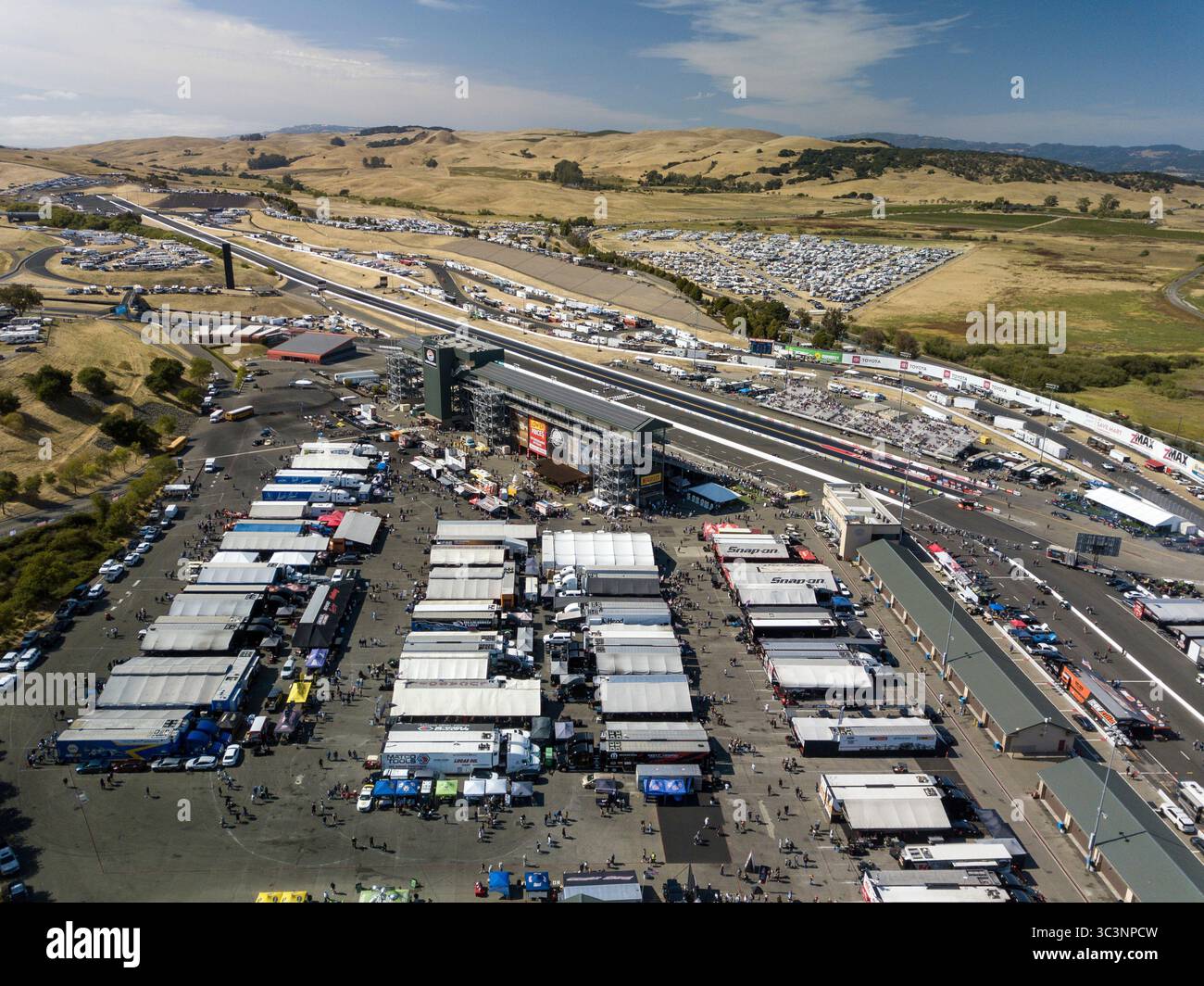 SONOMA, CA - JULY 25: General view from a drone of the pits and paddock ...