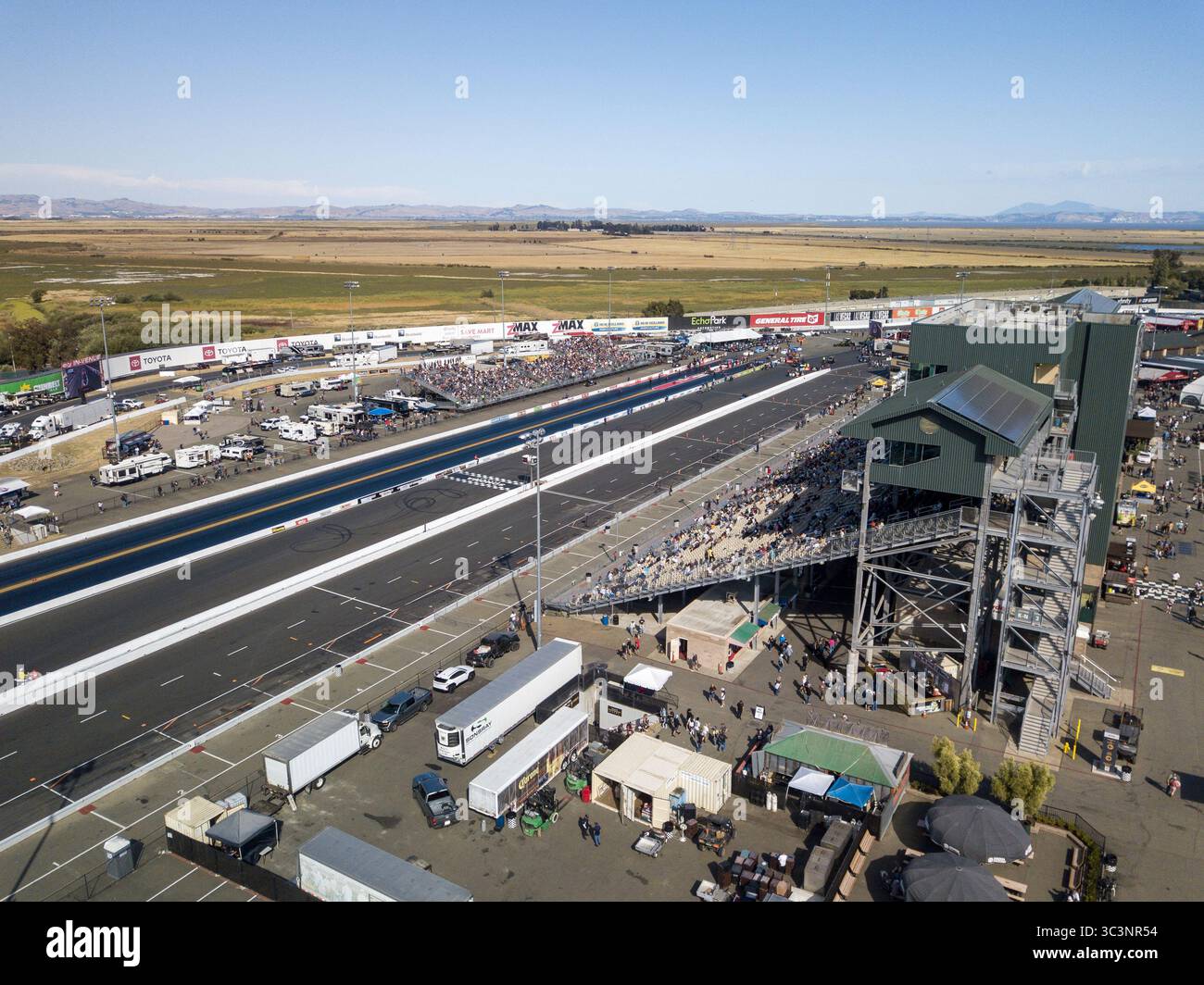 SONOMA, CA - JULY 25: General view from a drone of the drag strip and ...