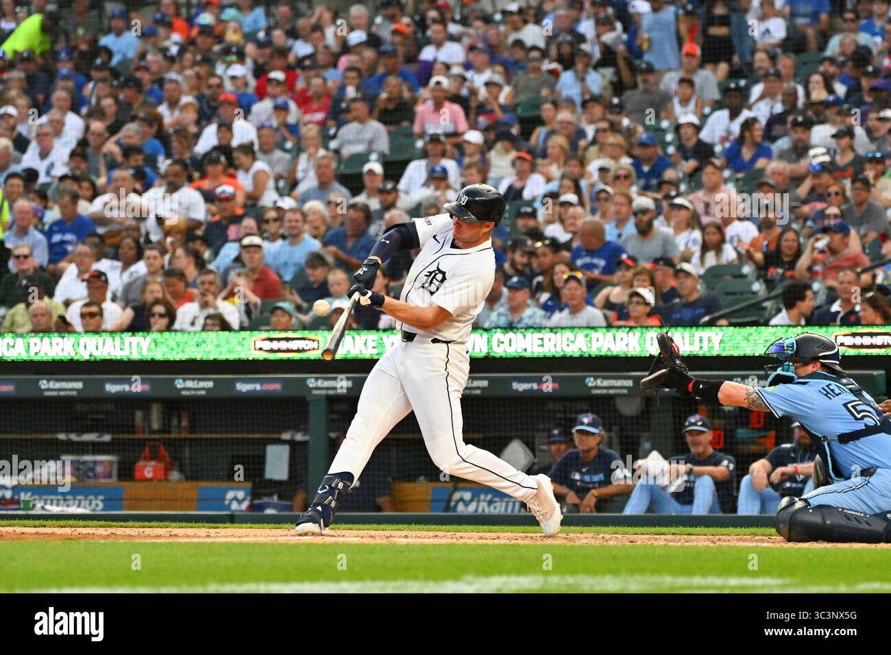 DETROIT, MI - JULY 24: Detroit Tigers second base Colt Keith (33) flies ...