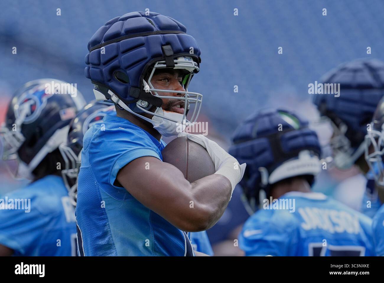 Tennessee Titans Wide Receiver Treylon Burks 16 Runs With The Ball Tennessee Titans Wide Receiver Treylon Burks 16 Runs With The Ball During Back Together Weekend At The Teams Nfl Football Training Camp Saturday July 26 2025 In Nashville Tenn Ap Photogeorge Walker Iv 3C3NXKE