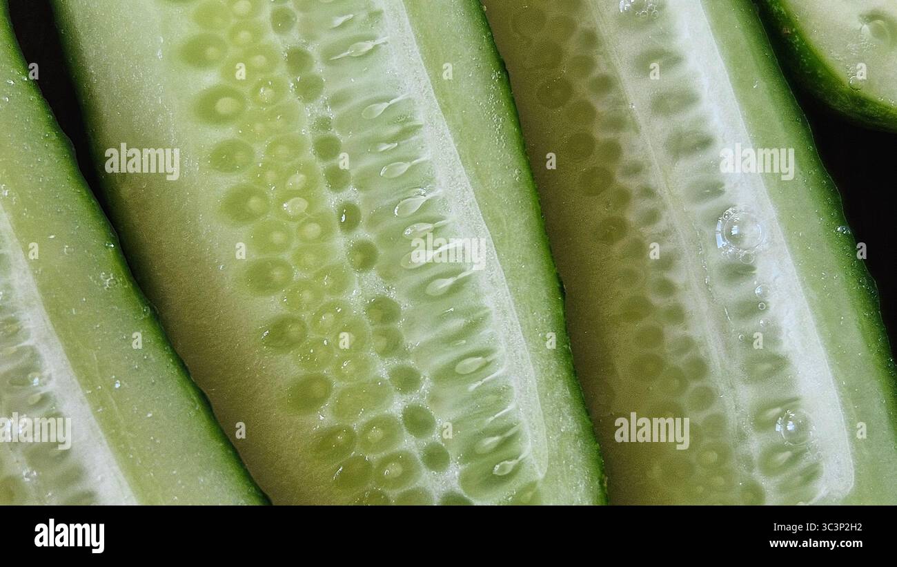 Close-Up of Fresh Cucumber Slices with Water Droplets - Smartphone Captured Stock Image