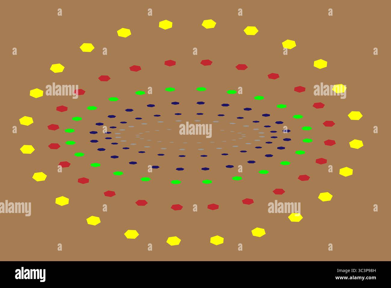 Abstract geometric vector featuring elliptical rings of colored dots on a brown background. The dot sizes decrease inward, creating a 3D illusion and Stock Vector