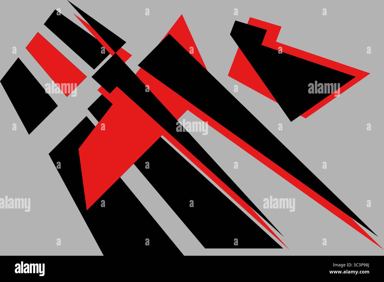 High-energy abstract composition featuring sharp angular shapes in red and black layered on a neutral grey background. The design flows diagonally, ev Stock Vector