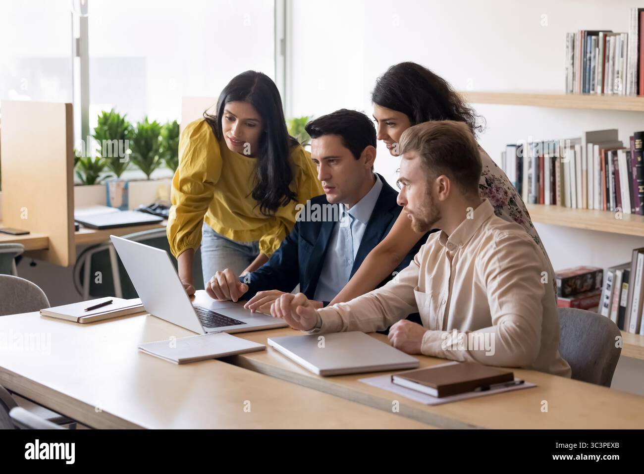 Focused teammates using laptop in modern office Stock Photo