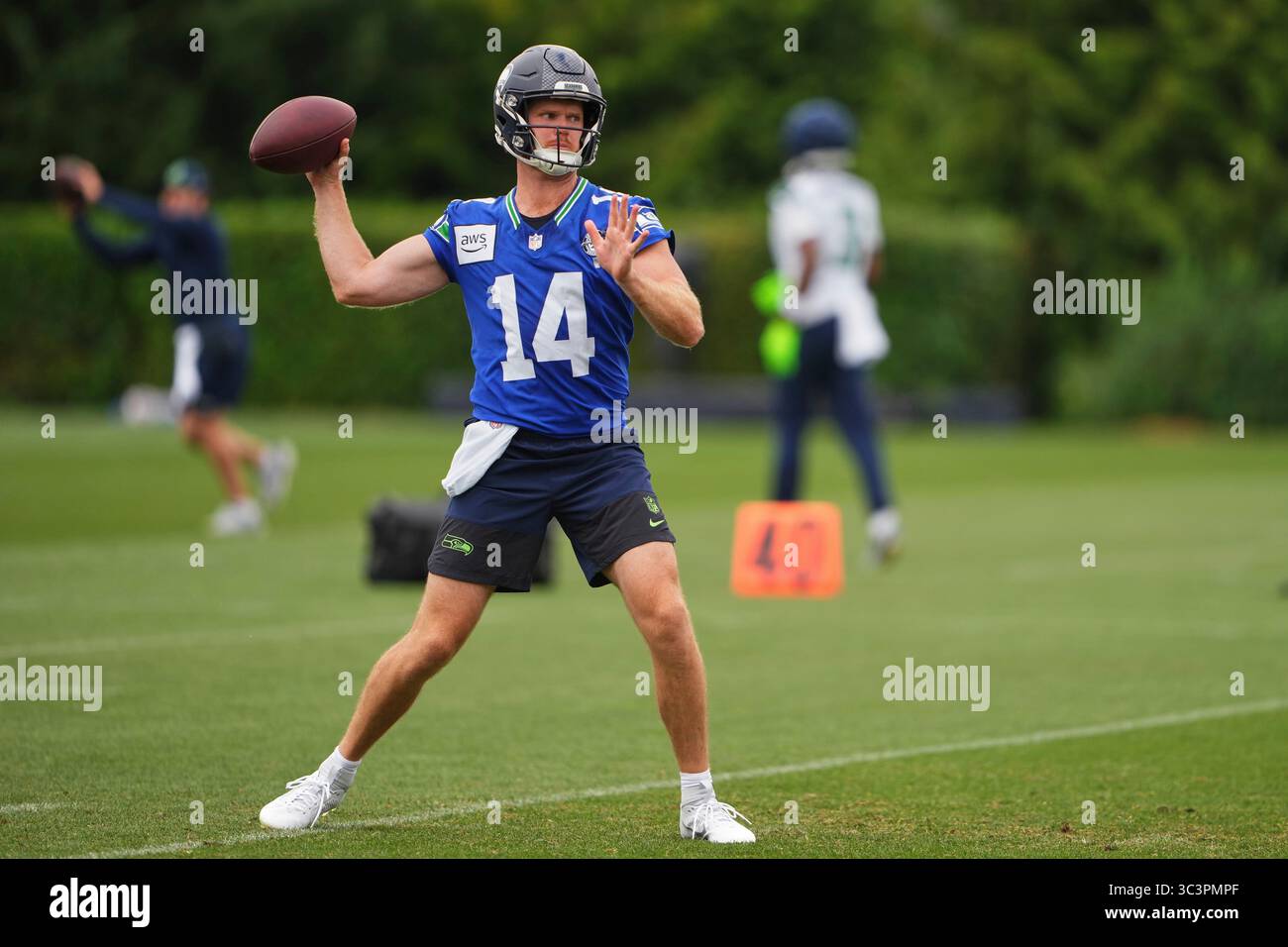 Seattle Seahawks quarterback Sam Darnold throws during the NFL football ...