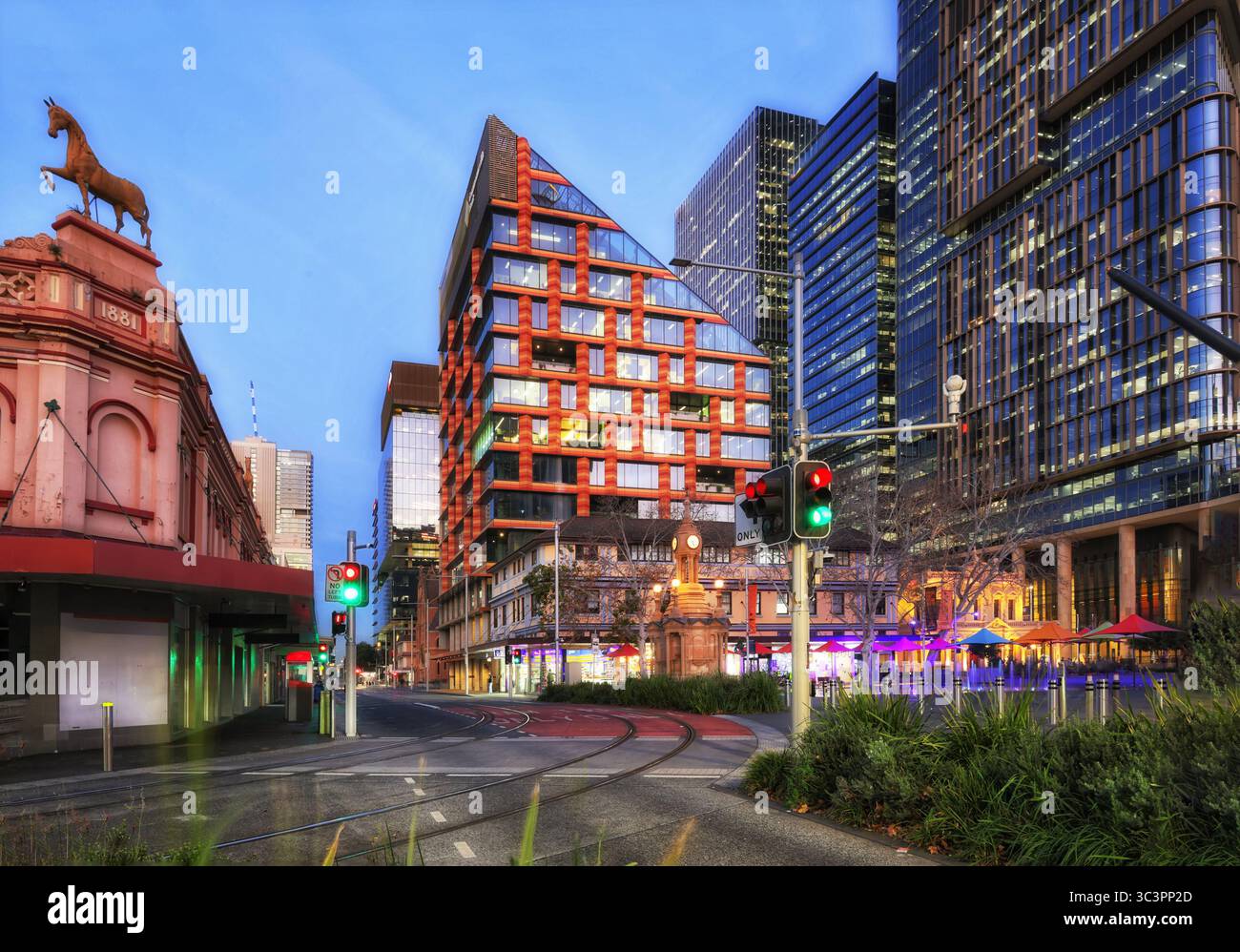 Church street corner in Parramatta city CBD at sunset - modern and historic architecture of Australia since 1881. Stock Photo