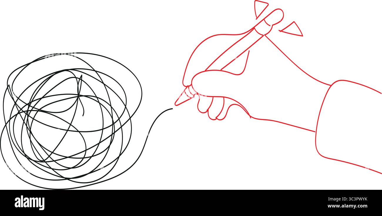Hand writing with pen, simplifying chaos into clear lines, problem solving concept Stock Vector