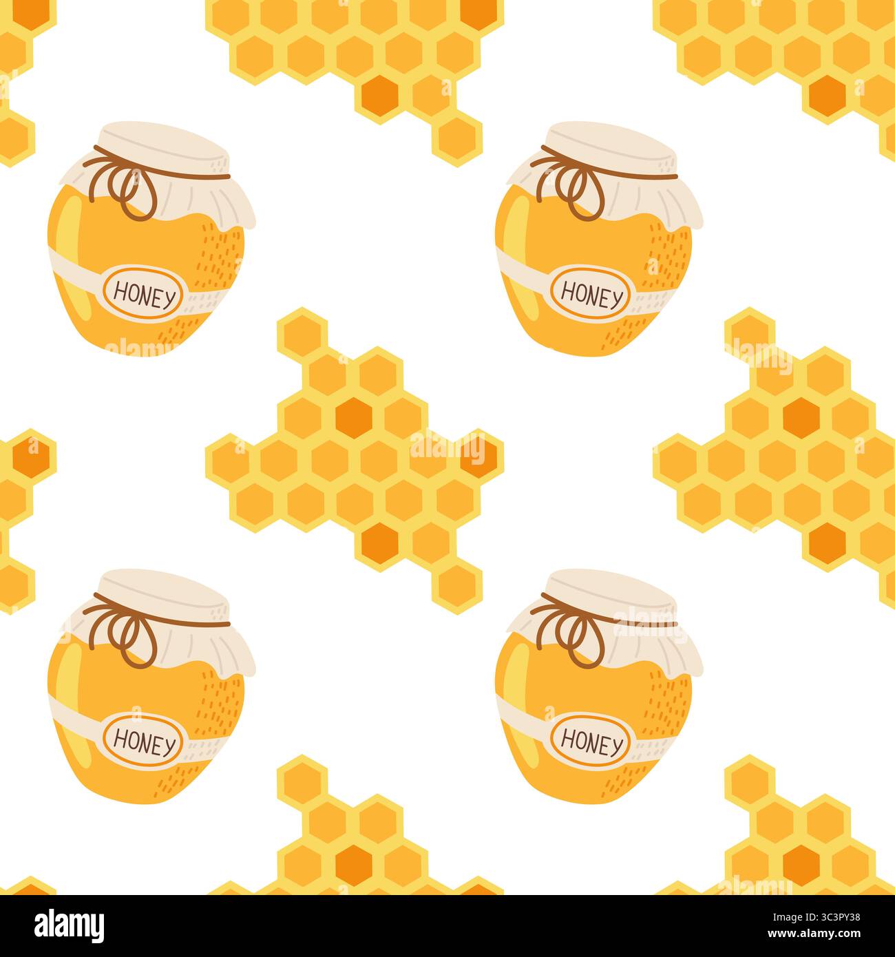 Pattern featuring honey jars and honeycomb shapes on a white background Stock Vector