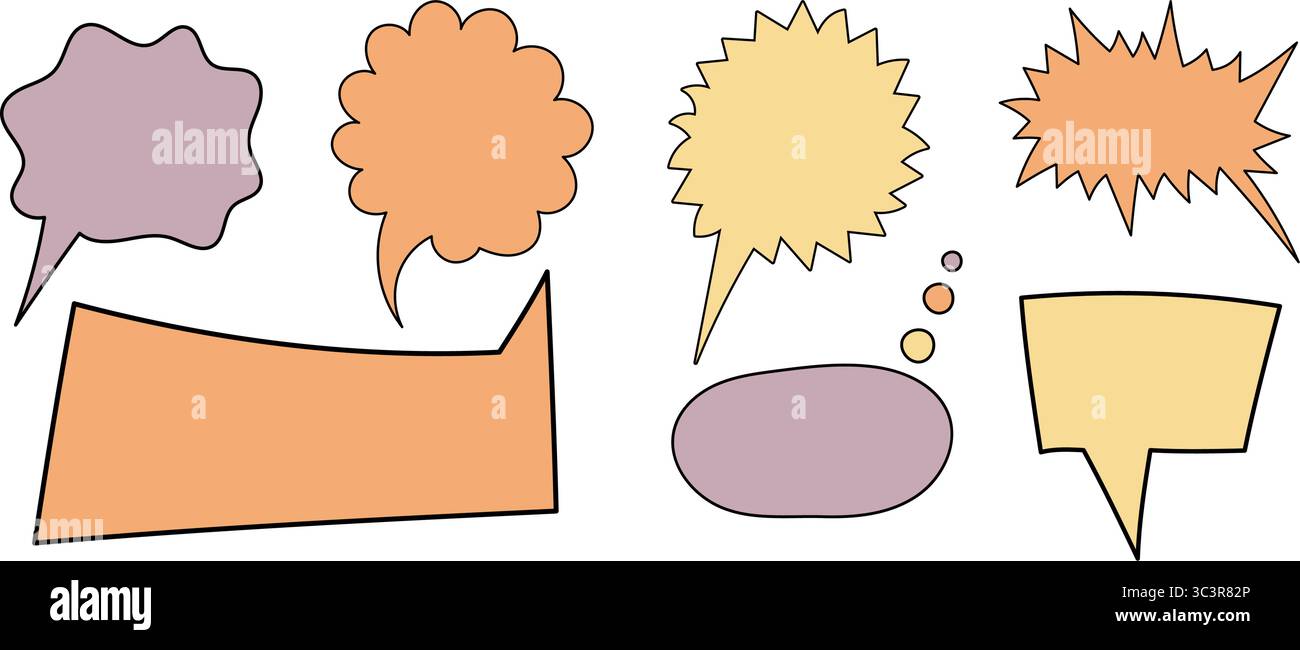 Colorful speech bubble shapes in various styles and sizes designed for graphic projects or messaging applications. The bubbles feature different outli Stock Vector