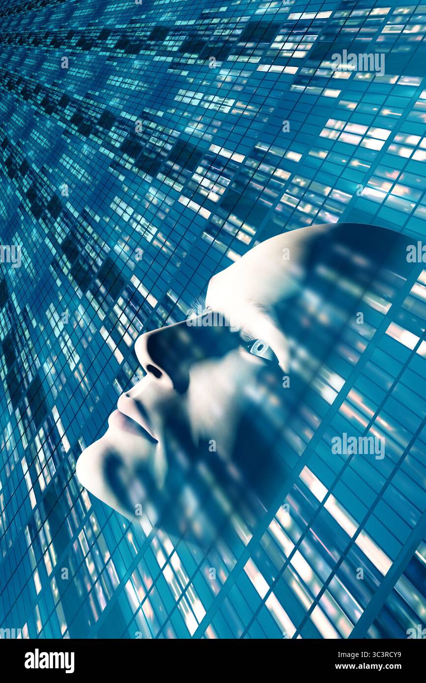 Futuristic AI concept,digital human face merging with data streams and ...
