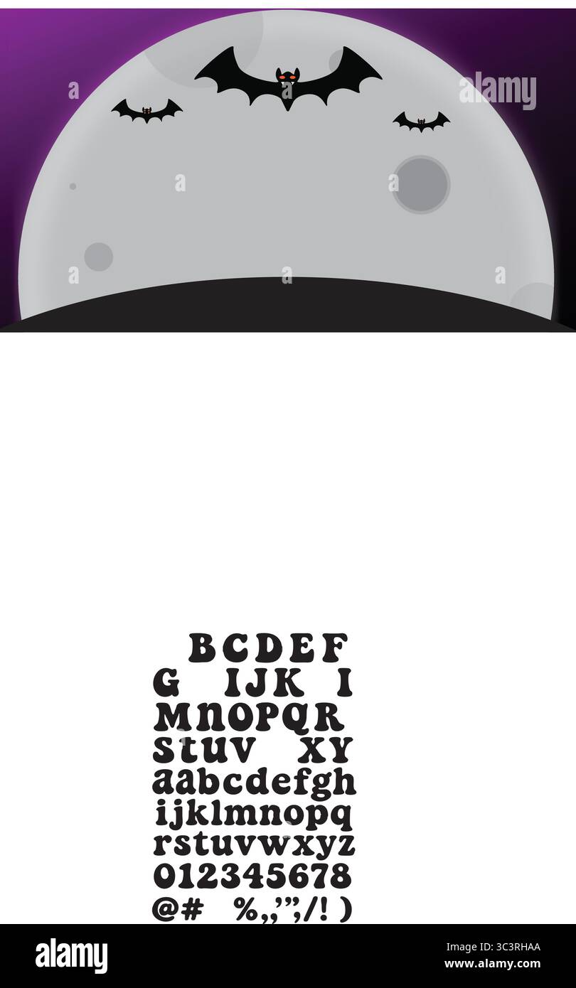 Flying bats with red eyes over giant full moon in eerie purple night sky evoke spooky Halloween night scene Stock Vector